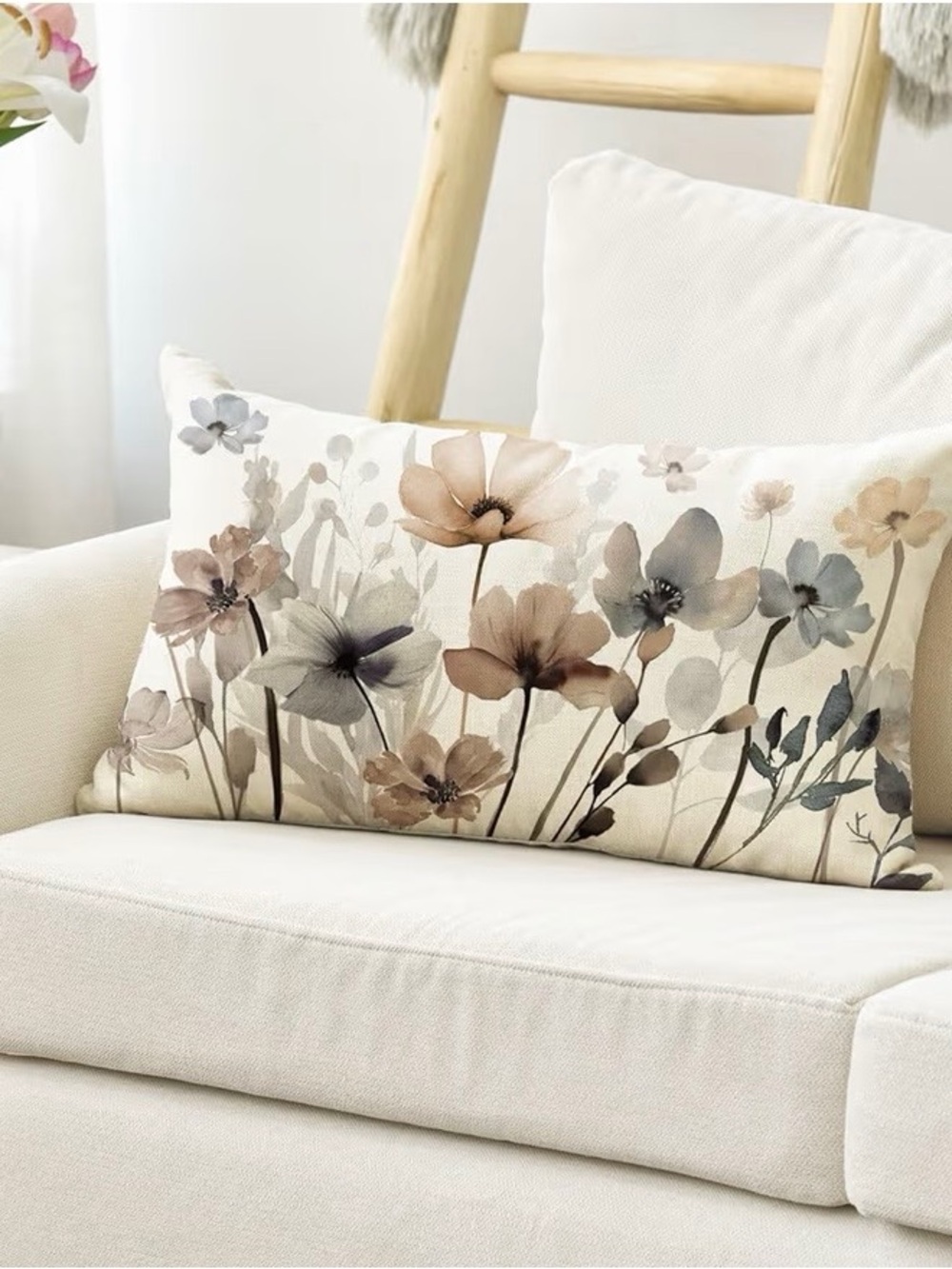 Neutral Floral Linen Lumbar Pillow
